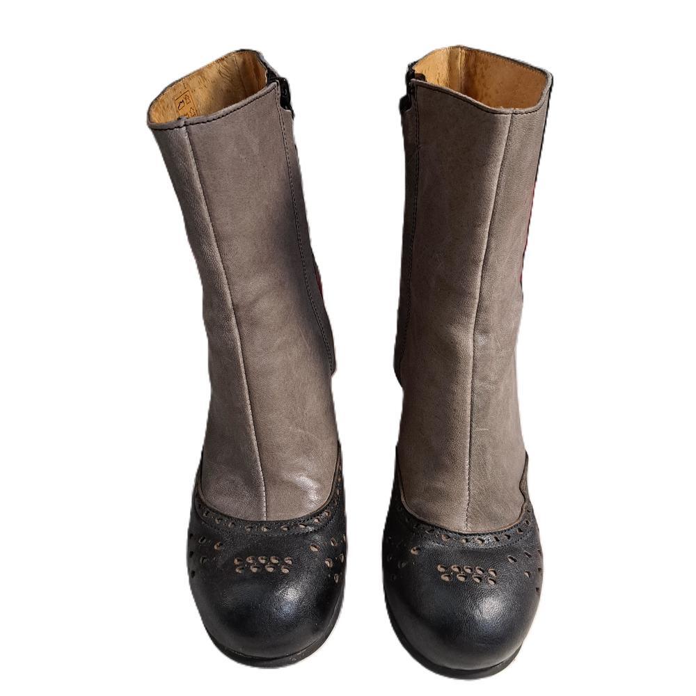 GOLD Button Women's Black & Gray Leather Laser Cut Side Zip Bootie Size 39/US8